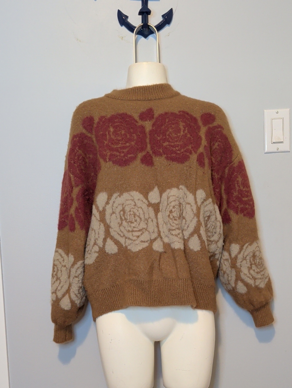 Only Brown Crewneck Sweater with Red and Cream Rose Pattern